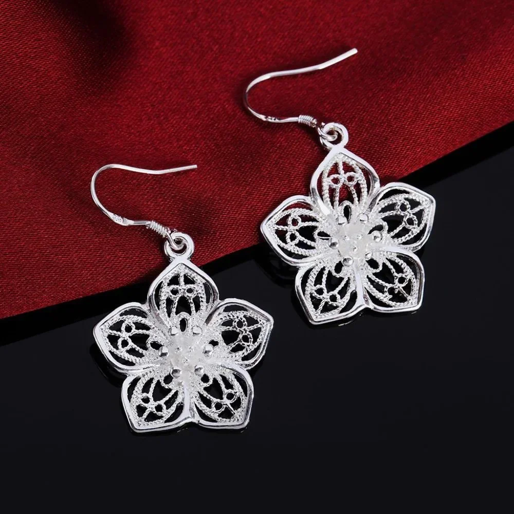 Gorgeous 3D Flower .925 Sterling Silver Hanging Earrings " Hypoallergenic " - Picture 2 of 8
